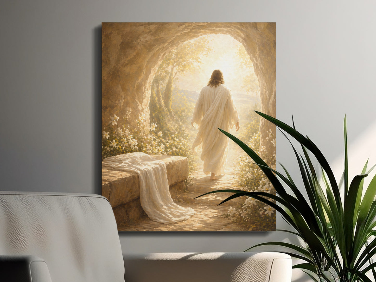 Jesus walking from an empty tomb, with a white cloth on a stone slab.