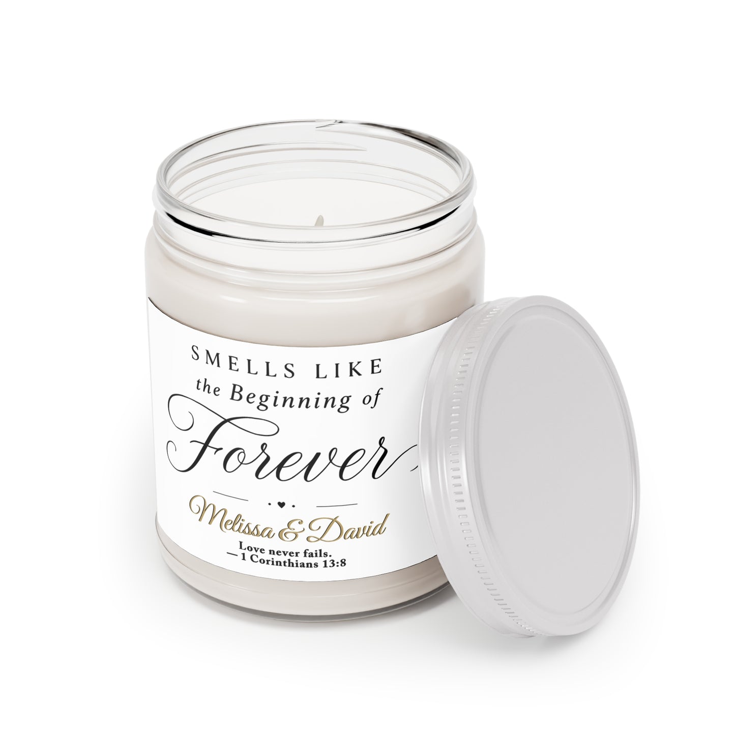 Jar candle with text "Smells Like the Beginning of Forever" and names.