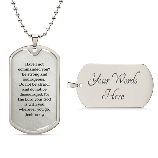 Luxury Christian dog tag necklace with Joshua 1:9 engraving — faith gift for him | Nordenzi