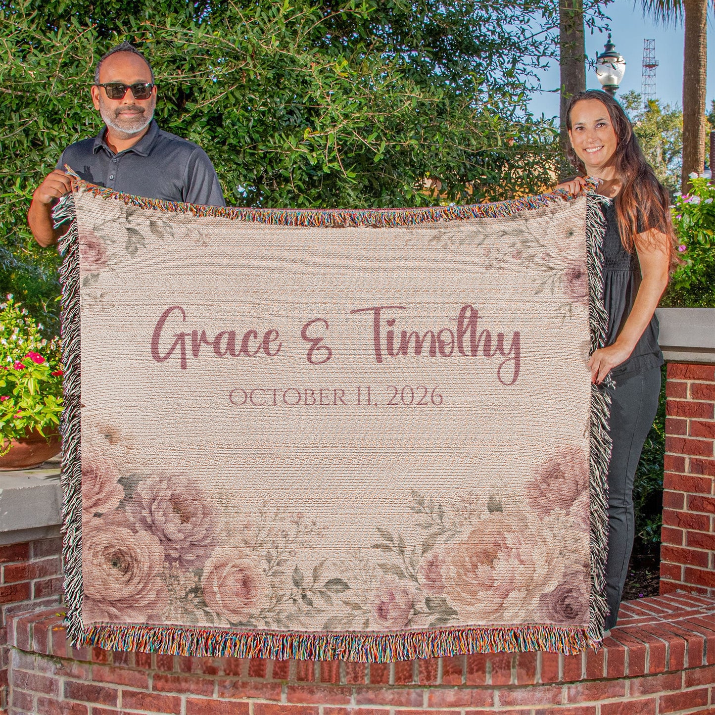 Personalized Wedding Blanket with Names & Date – Blush Pink Floral Couple Throw, Anniversary, Engagement & Bridal Shower Gift, 100% Cotton Woven Keepsake