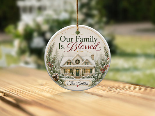 Round ornament with a house scene and "Our Family Is Blessed The Smiths".