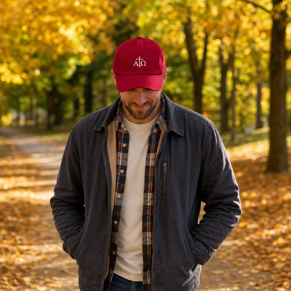 Alpha & Omega embroidered Christian cap cranberry on an autumn park walk -- faith gift for grandpa | Nordenzi