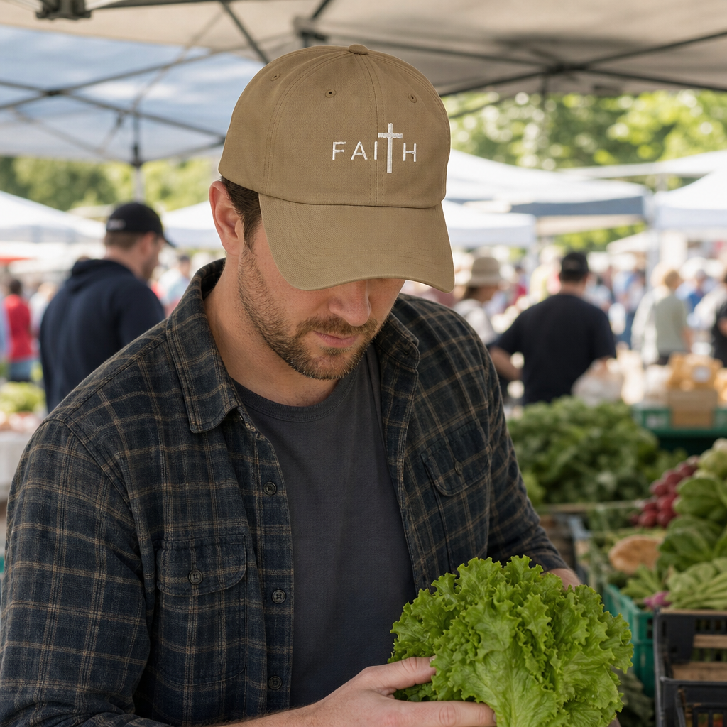 FAITH embroidered Christian baseball cap khaki at the farmers market -- casual faith gift for dad | Nordenzi