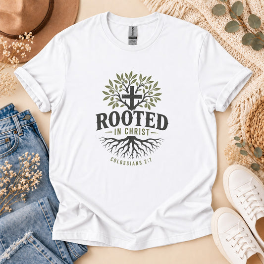 White t-shirt with "Rooted in Christ" and Colossians 2:7 text and design.