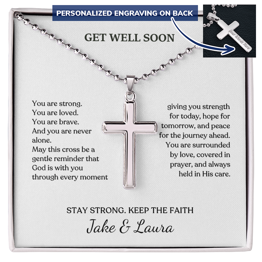 Get Well Soon cross necklace with personalized card — a Christian comfort gift from Nordenzi for grief or illness