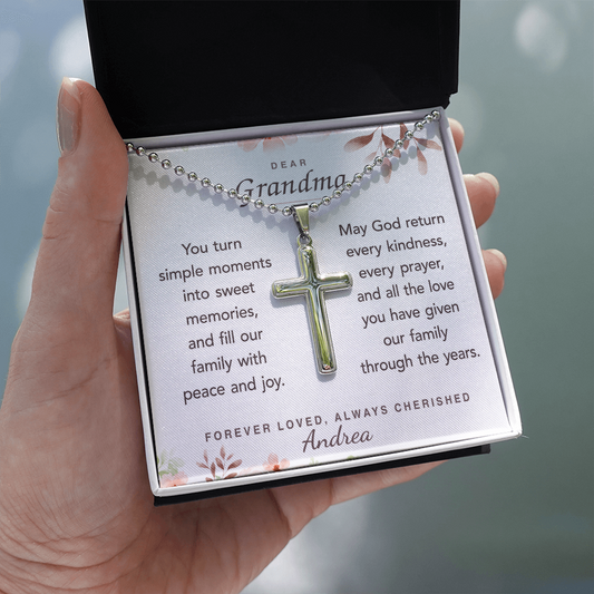 Dear Grandma cross necklace with ball chain, Forever in Our Hearts — personalized Christian gift from Nordenzi