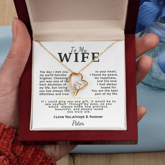 To My Wife Forever Love heart pendant necklace with personalized message card — a Christian anniversary gift from Nordenzi