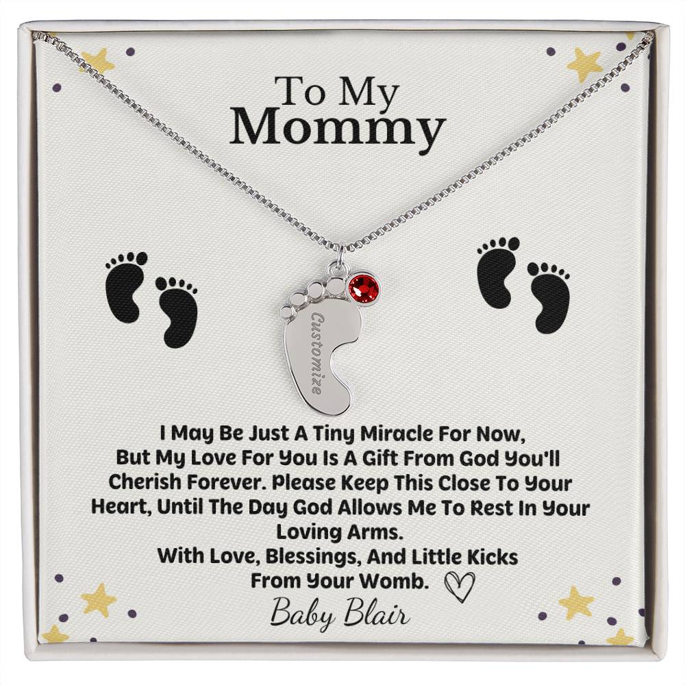 Custom baby feet necklace with birthstone, a personalized Christian baptism keepsake from Nordenzi