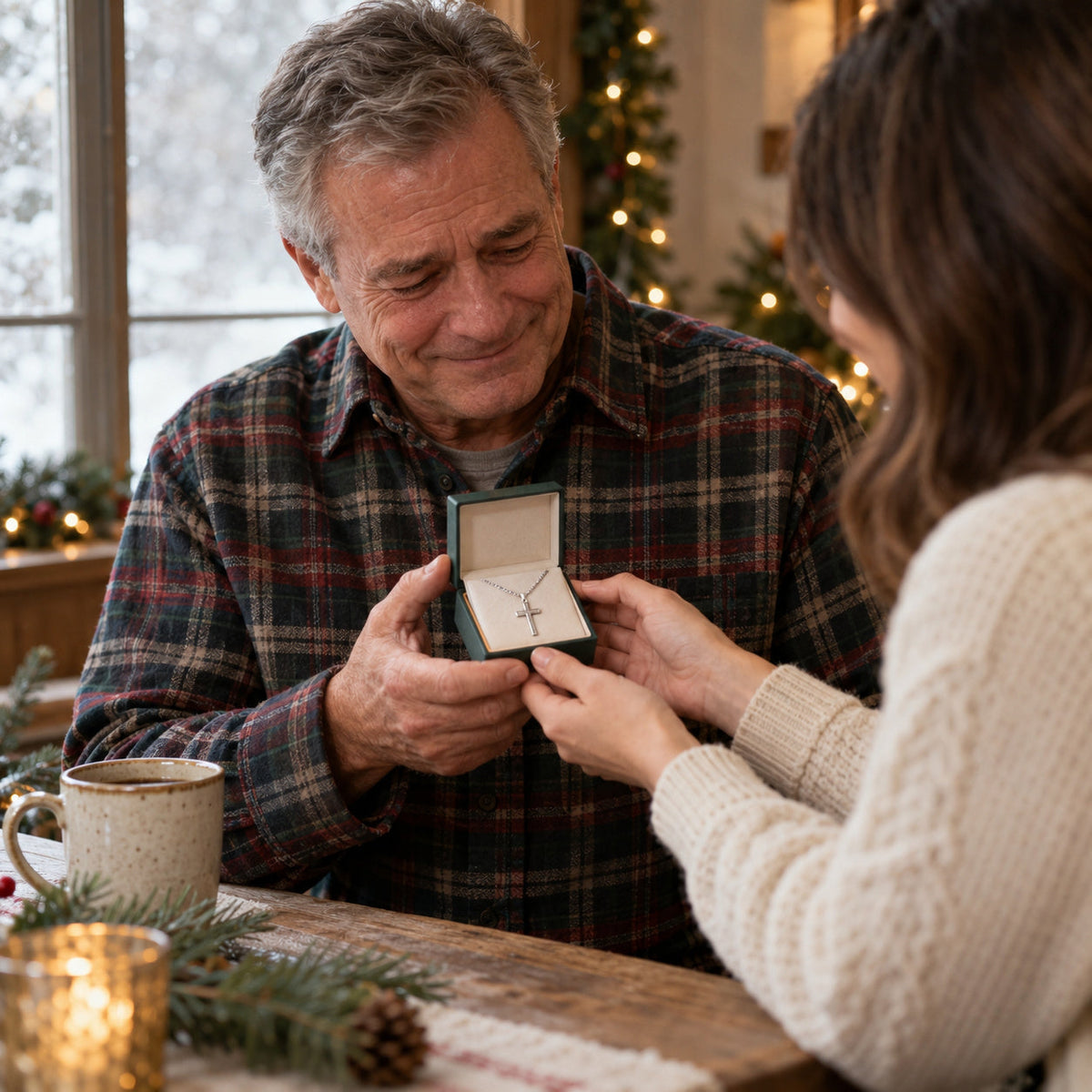 Dad receiving a Christmas gift box with a silver cross necklace from his daughter – Christian Christmas gifts for dad