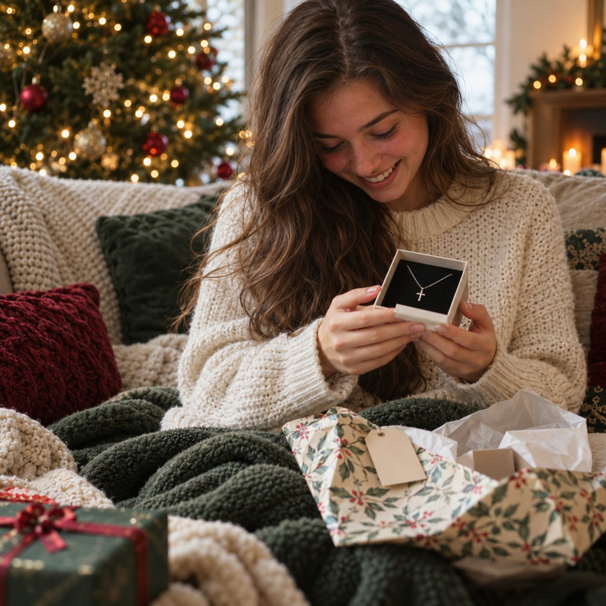 Young woman smiling at a silver cross necklace in a Christmas gift box by the tree – Christian Christmas gifts for daughter