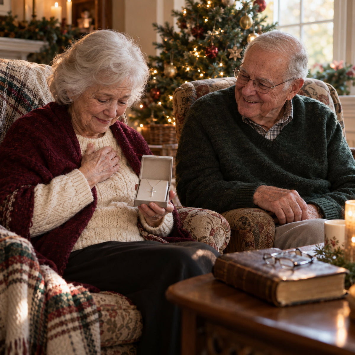 Grandmother holding a silver cross necklace gift box beside her smiling husband – Christian Christmas gifts for grandparents
