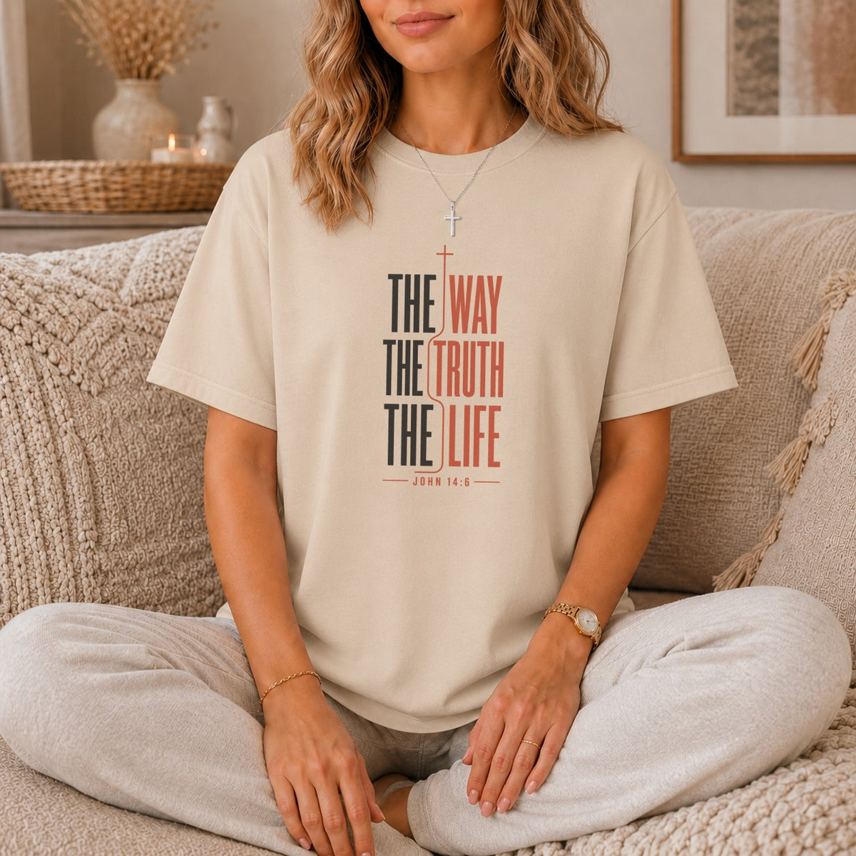 Cream t-shirt with text "THE WAY THE TRUTH THE LIFE" and "JOHN 14:6".