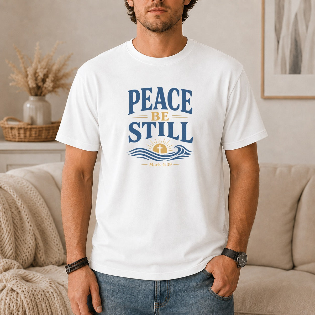 White t-shirt with "PEACE BE STILL" and Mark 4:39 text.