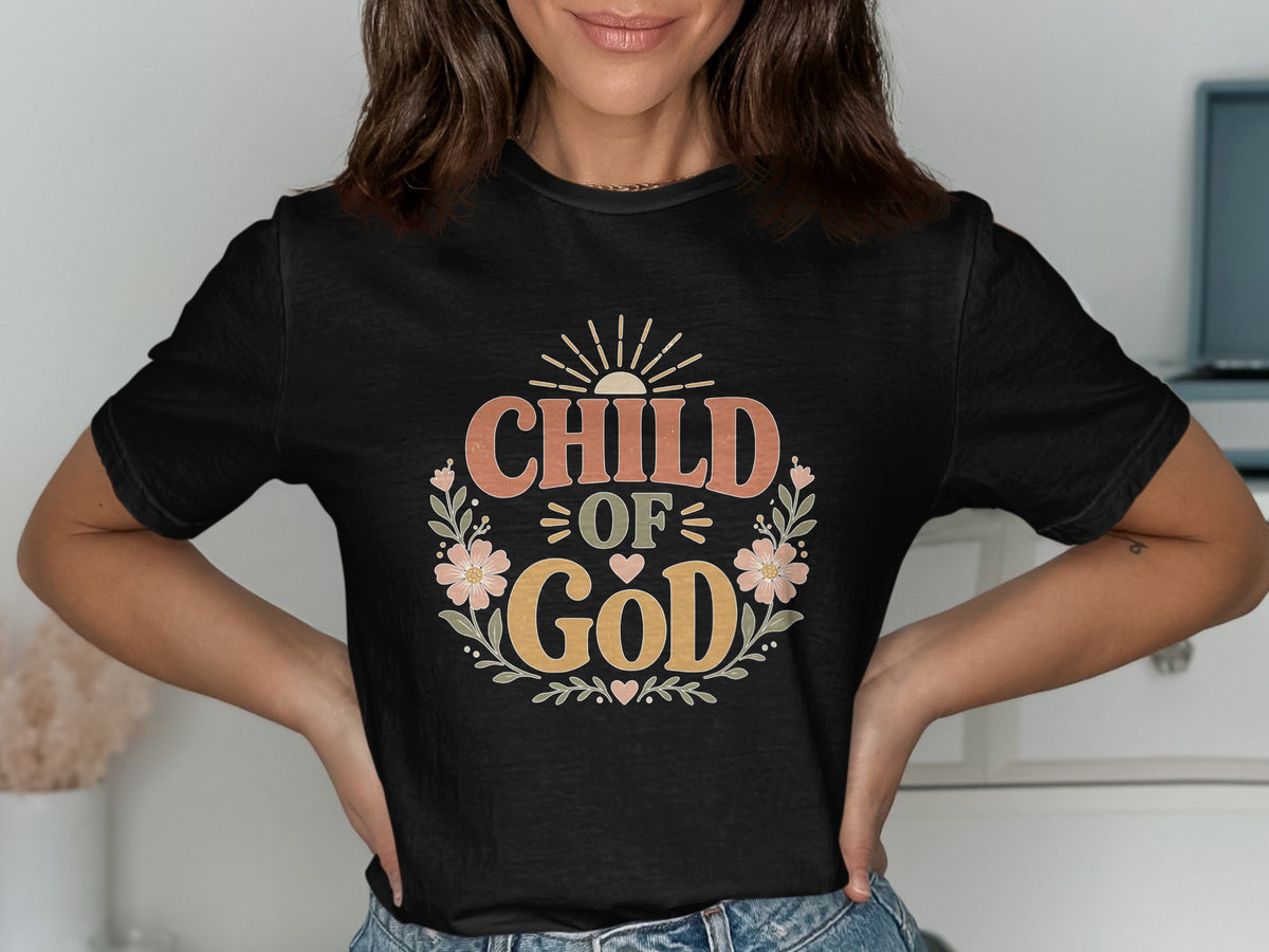 Black t-shirt with "CHILD OF GOD" text and floral wreath graphic.
