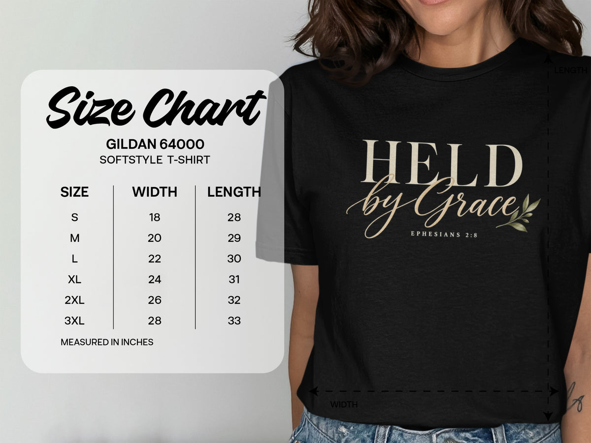 Gildan 64000 softstyle t-shirt size chart with width and length measurements in inches.