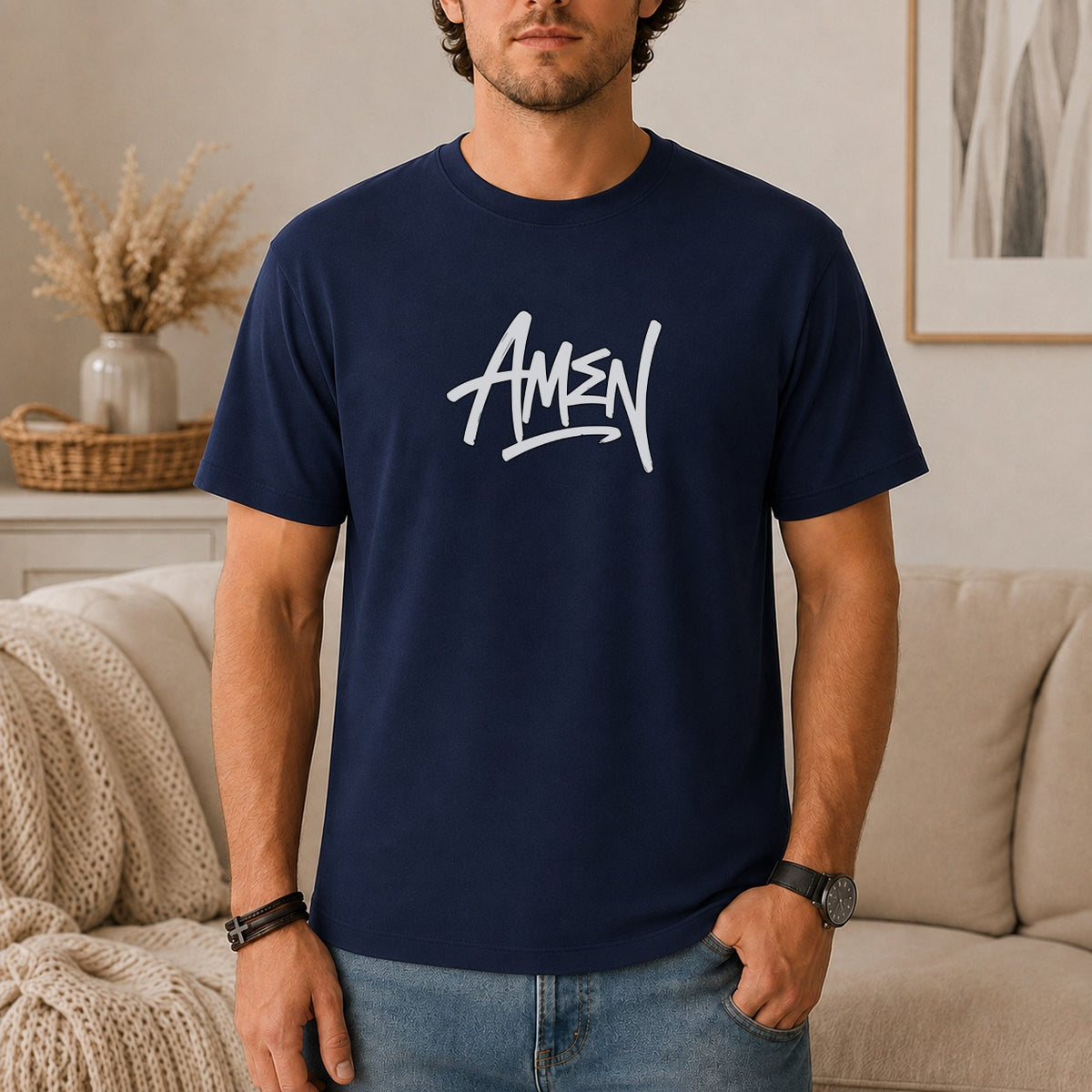 Navy t-shirt with white "AMEN" graphic print on the front.