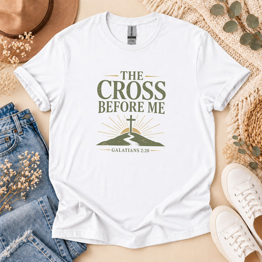 The Cross Before Me Earthy Landscape Christian t-shirt (Galatians 2:20) – front view | Nordenzi