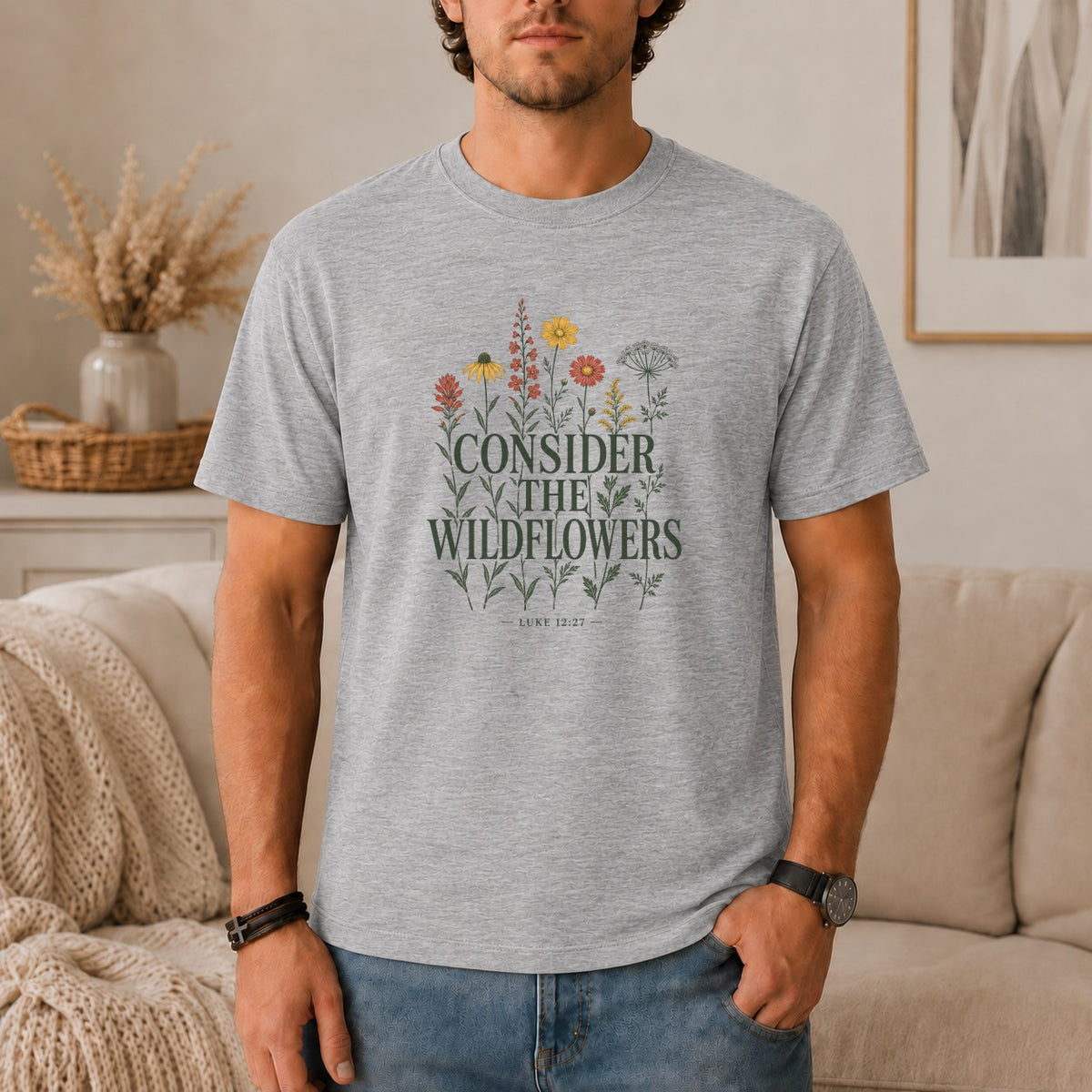 Grey t-shirt with "Consider the Wildflowers Luke 12:27" text and floral graphic.