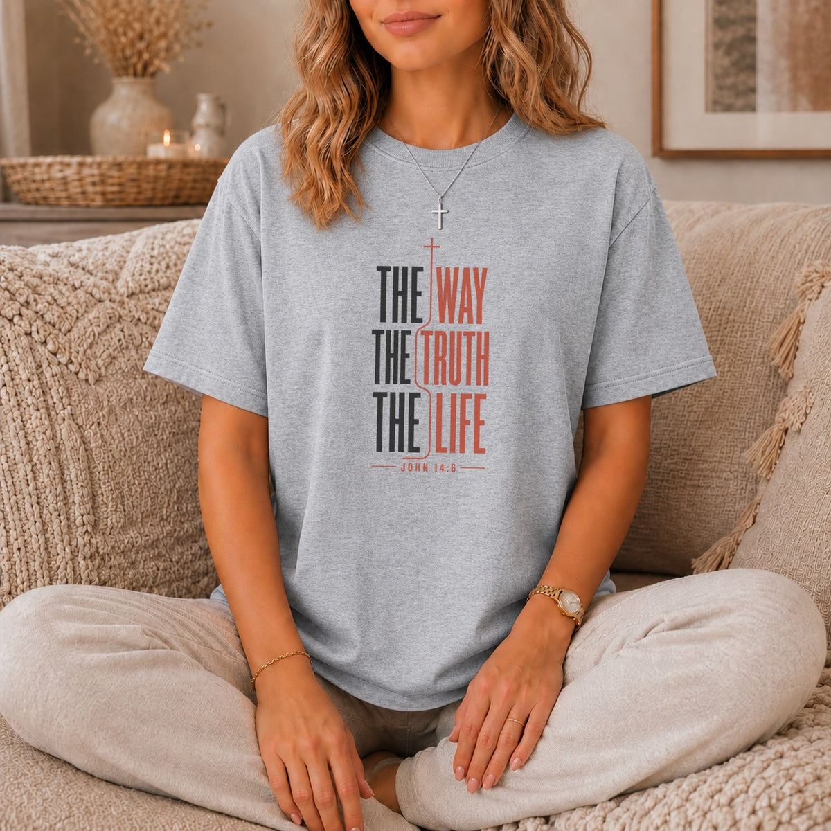 Grey t-shirt with "The Way, The Truth, The Life" and John 14:6.