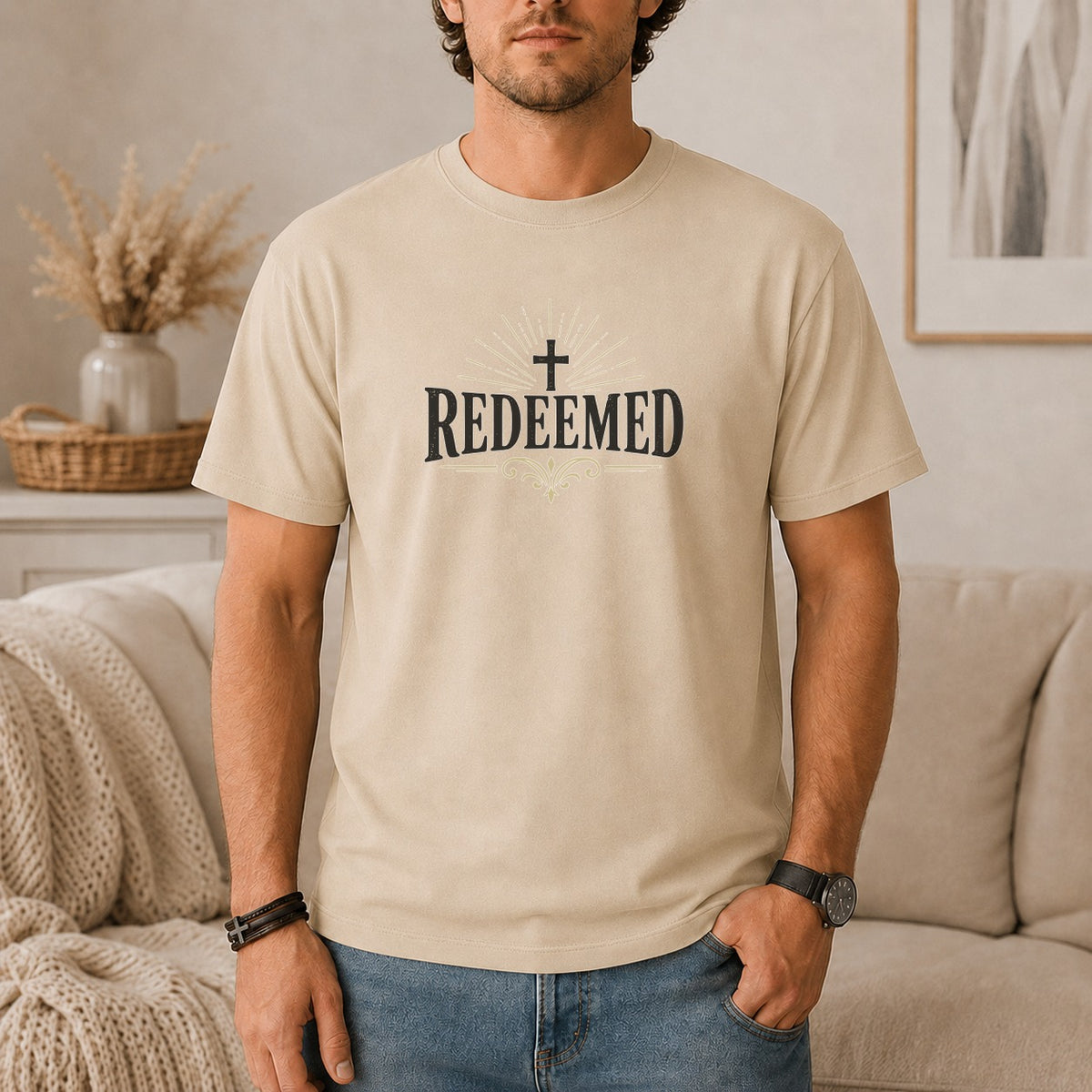 Tan t-shirt with "Redeemed" and a cross graphic.
