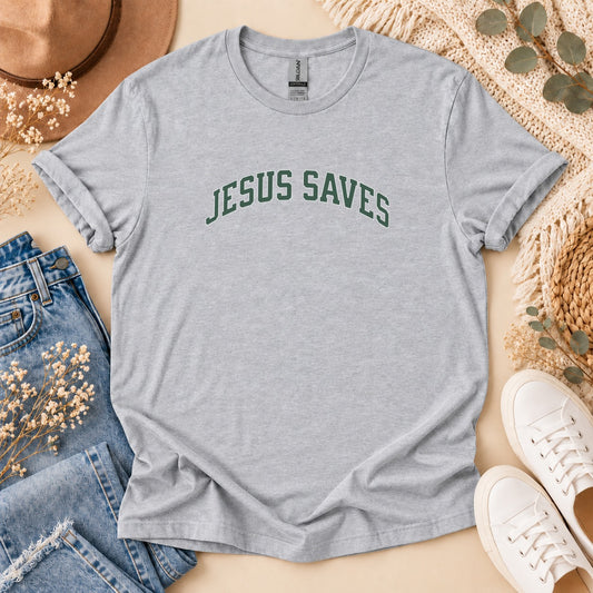 Jesus Saves Collegiate Christian t-shirt – front view | Nordenzi