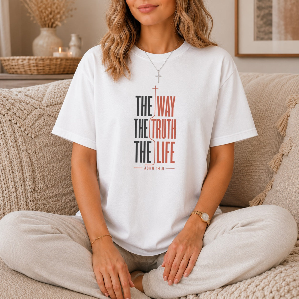 White t-shirt with "The Way, The Truth, The Life" and "John 14:6" text.