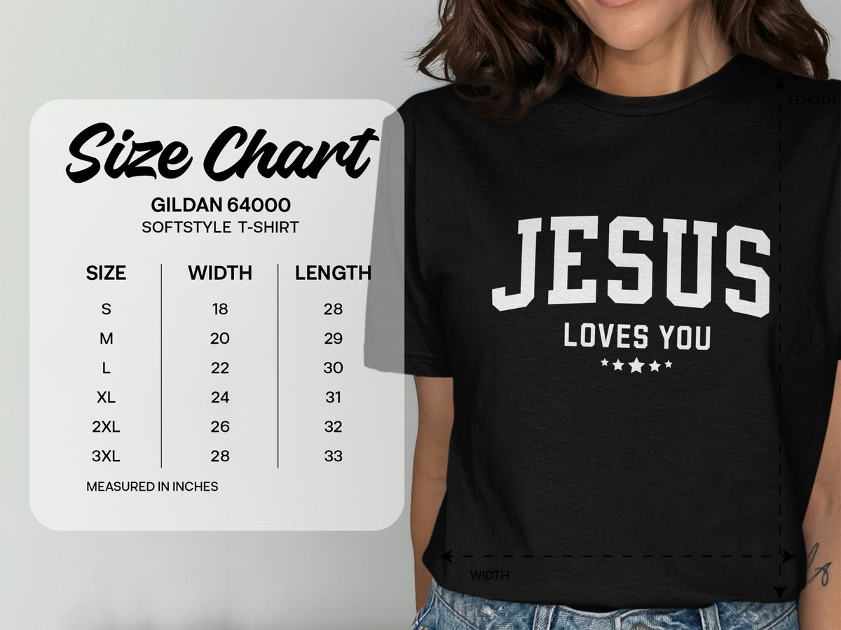 Size chart for Gildan 64000 Softstyle T-Shirt with sizes S-3XL.