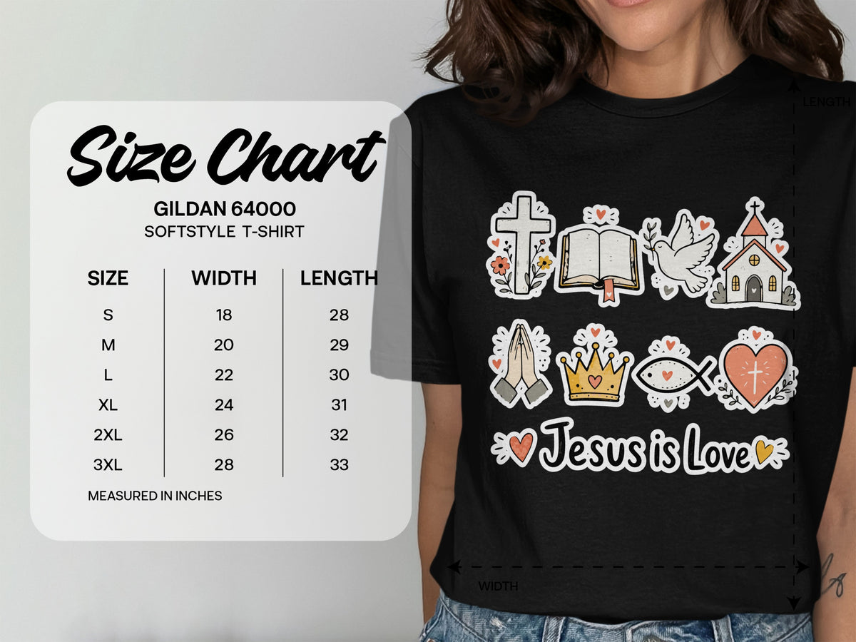 Gildan 64000 Softstyle t-shirt size chart with religious graphic and text "Jesus is Love".