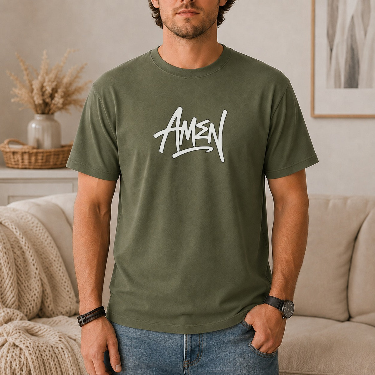 Green t-shirt with white "AMEN" text and a man wearing it.