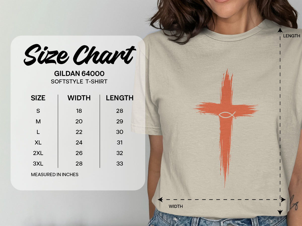 Gildan 64000 softstyle t-shirt size chart with width and length measurements in inches.