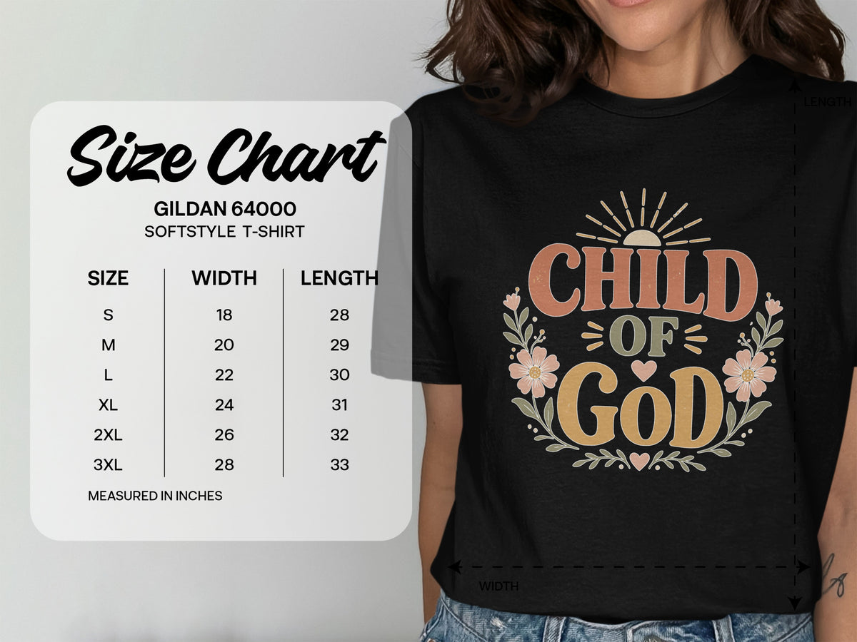 Gildan 64000 Softstyle t-shirt size chart with width and length measurements in inches.