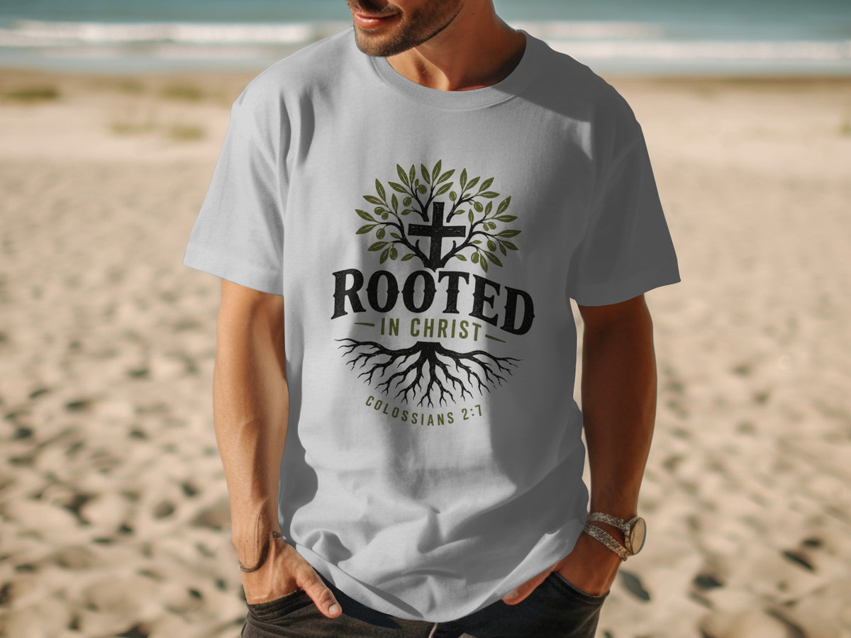 Light gray t-shirt with "Rooted in Christ" and a cross tree graphic.