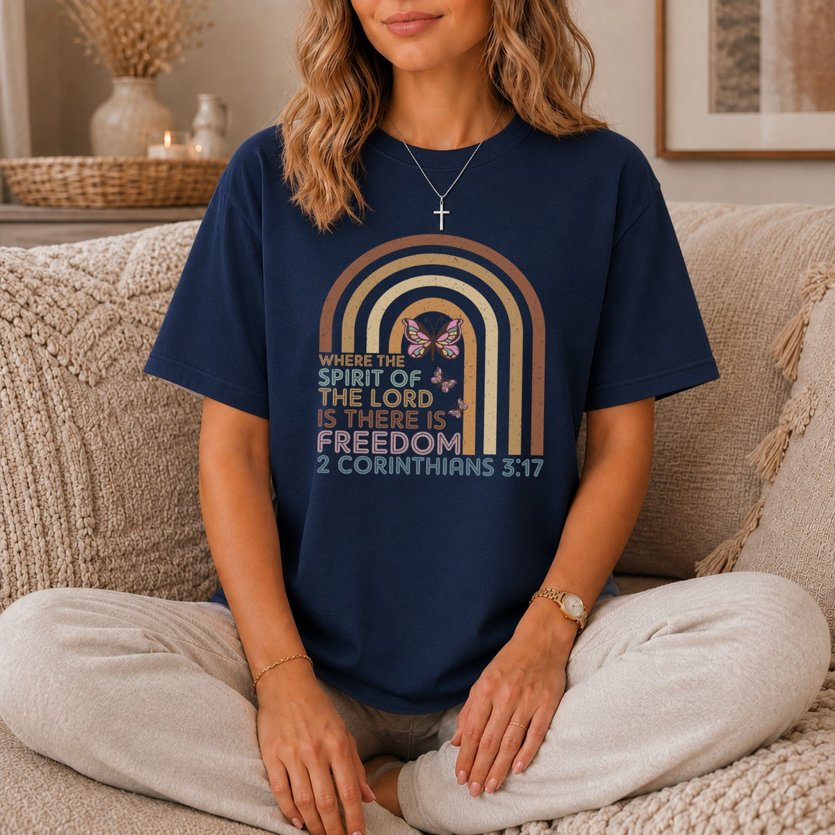 Navy t-shirt with rainbow design and Bible verse "Where the Spirit of the Lord is There is Freedom 2 Corinthians 3:17".
