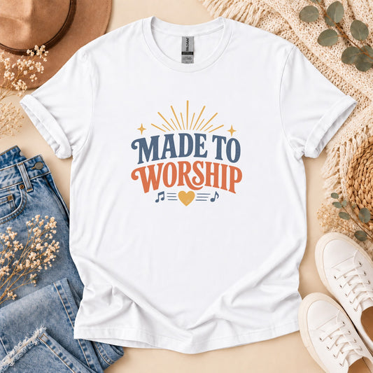 Made to Worship Retro Christian t-shirt – front view | Nordenzi