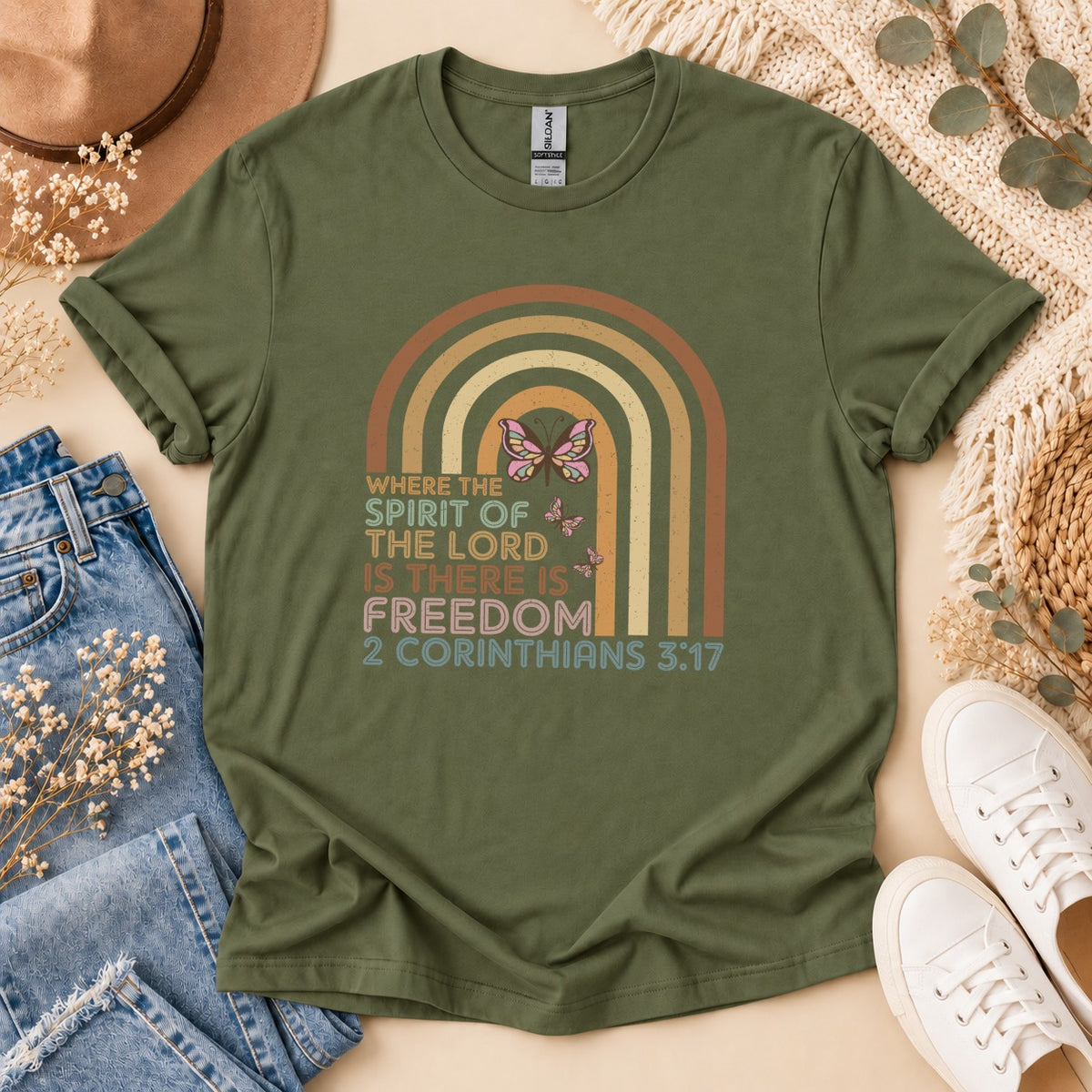 Olive green t-shirt with "Where the Spirit of the Lord is There is Freedom 2 Corinthians 3:17".