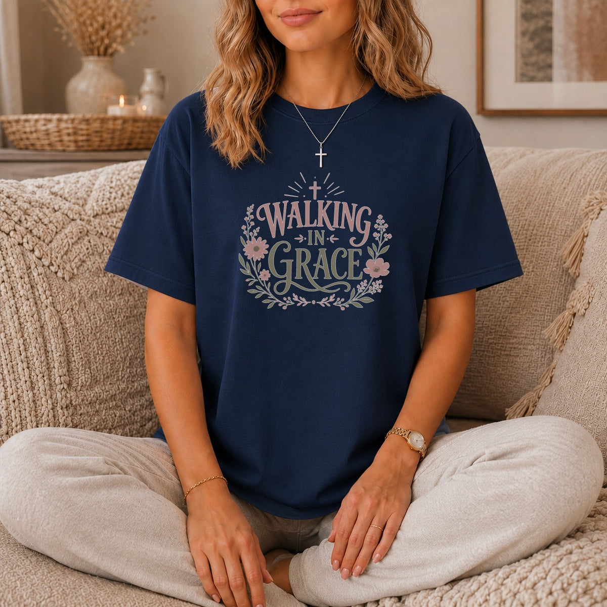 Navy t-shirt with "Walking in Grace" text and floral design.