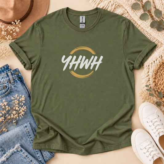 Olive green t-shirt with "YHWH" text in white and gold circle design.