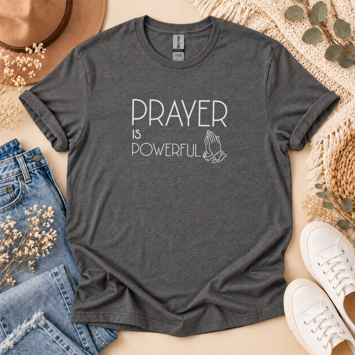 Dark gray t-shirt with "PRAYER IS POWERFUL" and praying hands graphic.