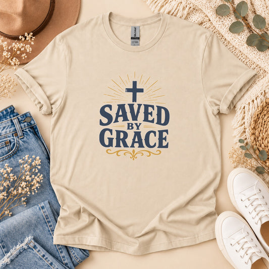 Saved by Grace Sunburst Cross Christian t-shirt – front view | Nordenzi