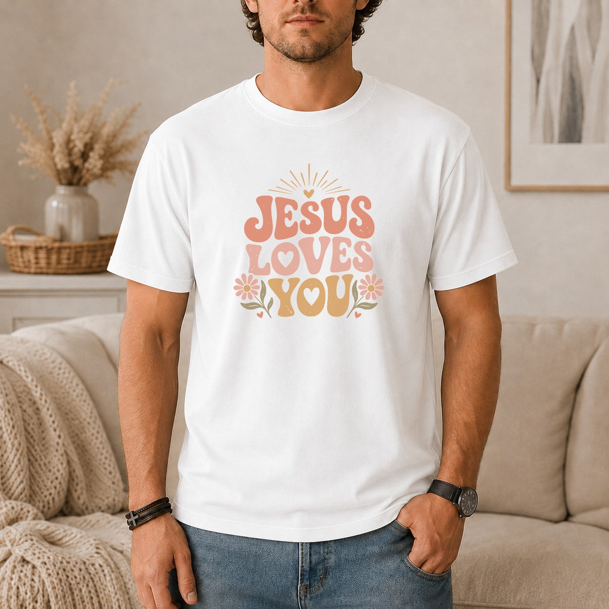 White t-shirt with "JESUS LOVES YOU" in retro font and floral accents.