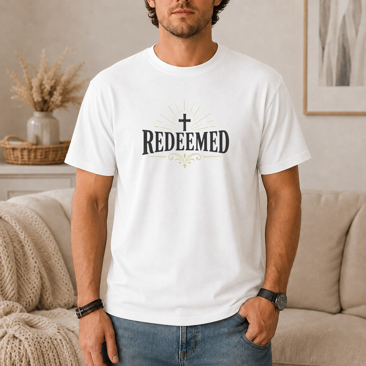 White t-shirt with "REDEEMED" and a cross graphic.