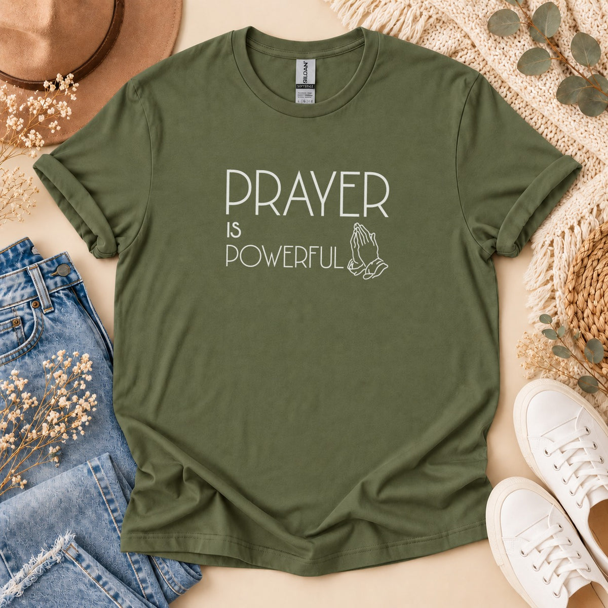 Olive green t-shirt with "PRAYER IS POWERFUL" and praying hands graphic.