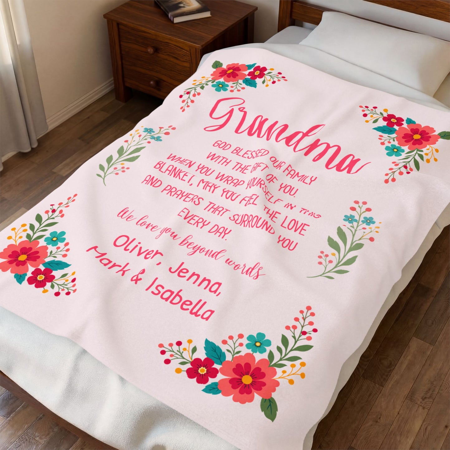 Personalized Grandma Blanket – Floral Keepsake with Grandkids' Names