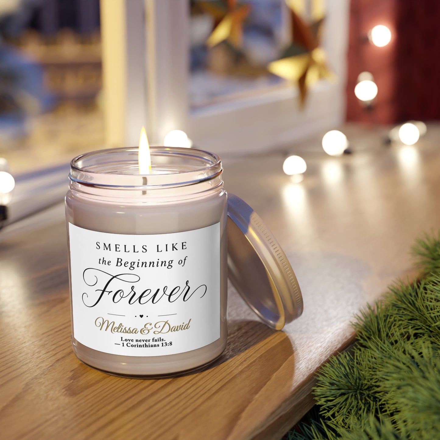 Candle labeled "Smells Like the Beginning of Forever" with names Melissa & David.