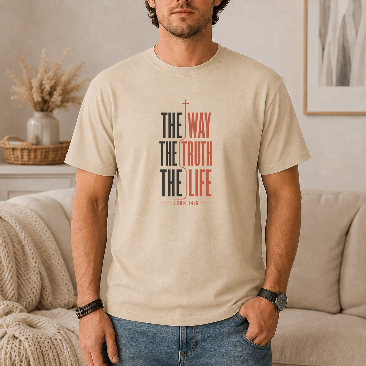 T-shirt with text "THE WAY THE TRUTH THE LIFE JOHN 14:6" and a cross.