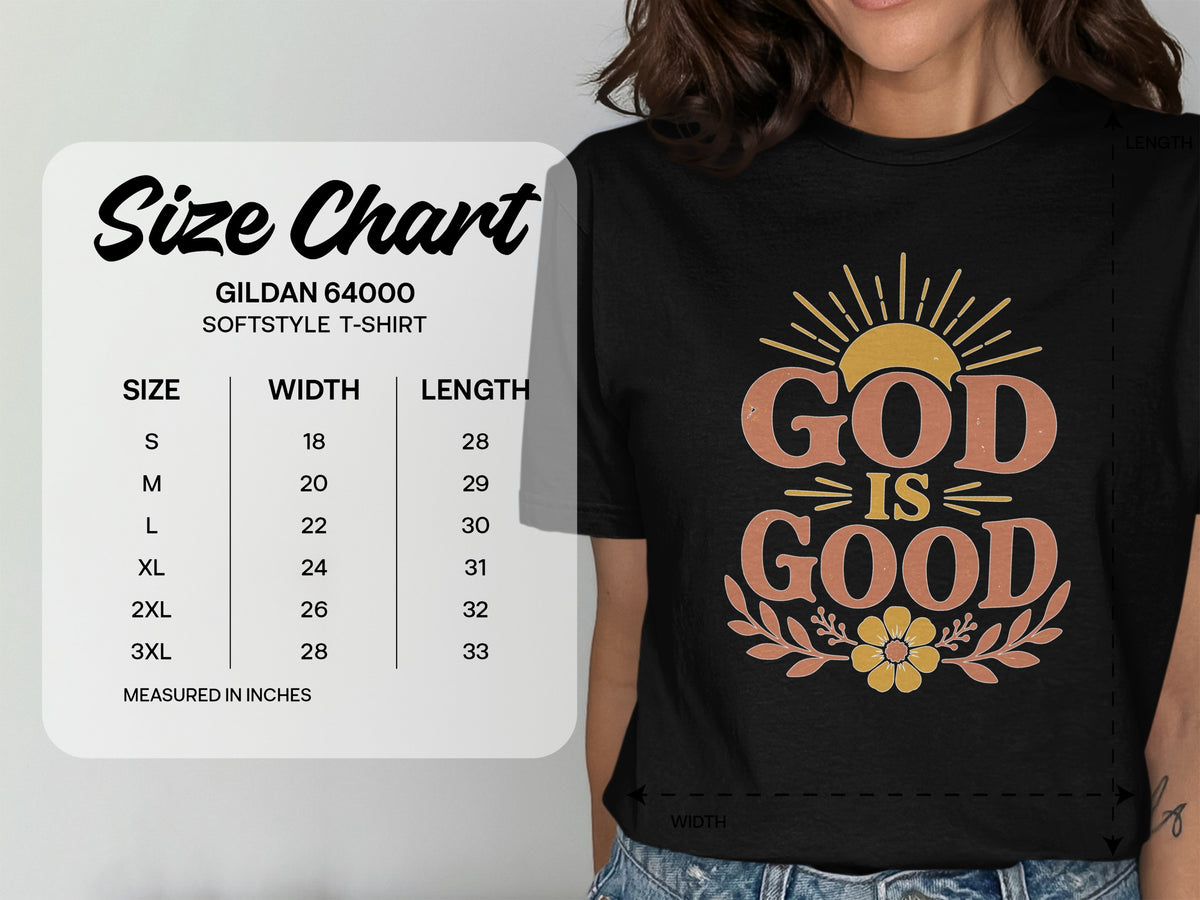 Gildan 64000 softstyle t-shirt size chart showing width and length measurements in inches.