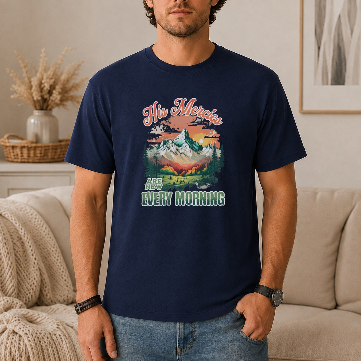 Navy t-shirt with "His Mercies Are New Every Morning" and mountain sunset graphic.