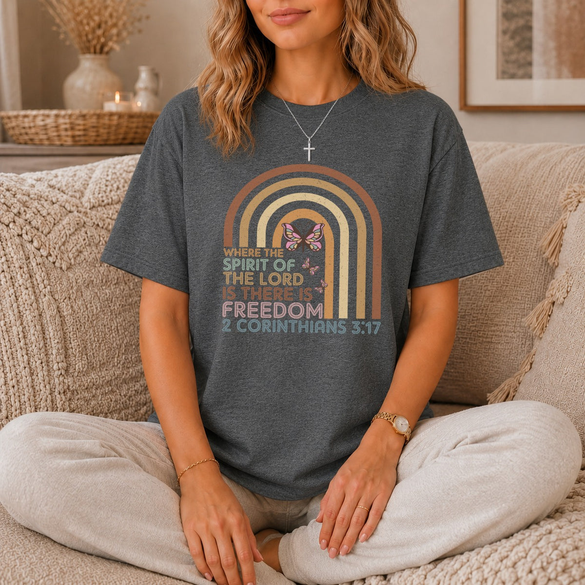 Dark grey t-shirt with rainbow, butterflies, and scripture text.