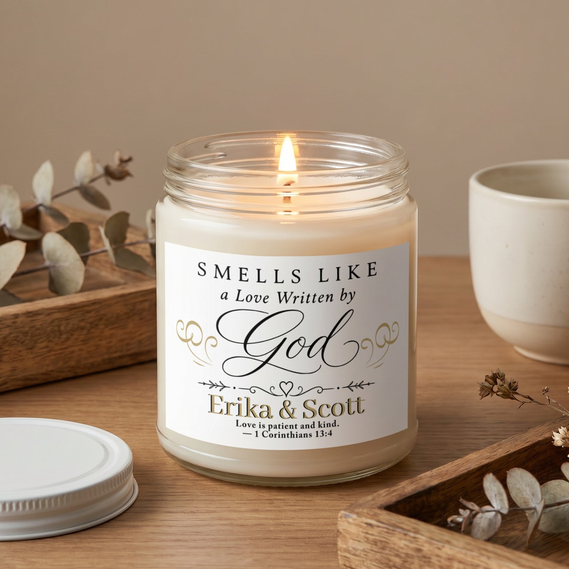 SMELLS LIKE God candle for Erika & Scott, featuring Bible verse 1 Corinthians 13:4.