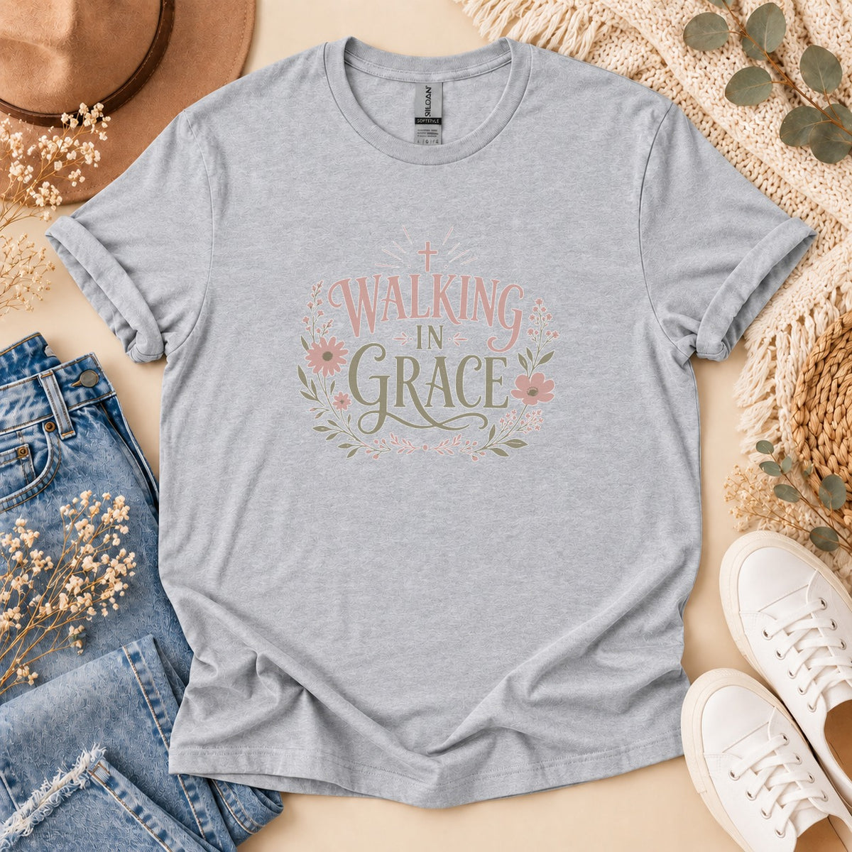 Grey t-shirt with "Walking In Grace" text and floral design.
